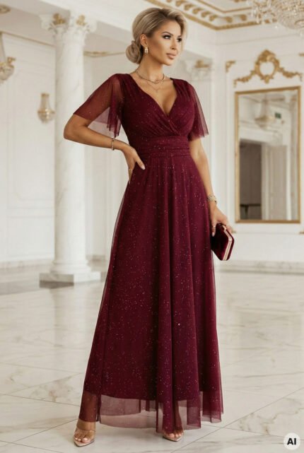 635-5 MELANIA long, shiny dress with a neckline and short sleeves - burgundy-1
