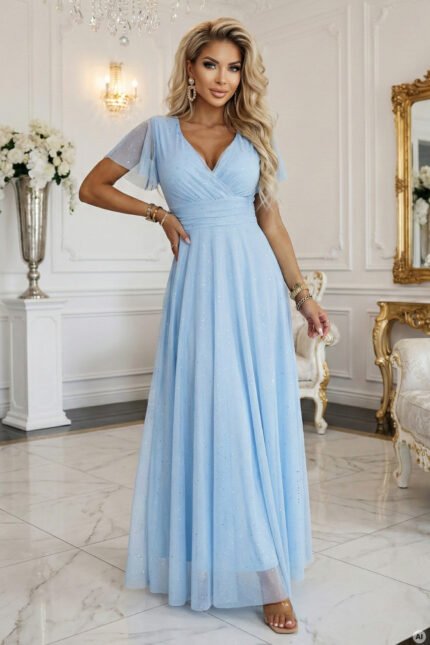 635-6 MELANIA Long Shimmering Dress with Neckline and Short Sleeve - Sky Blue-1