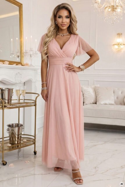 635-7 MELANIA Long Shimmering Dress with Neckline and Short Sleeve - Peach-1