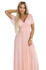 635-7 MELANIA Long Shimmering Dress with Neckline and Short Sleeve - Peach-11