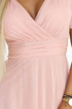 635-7 MELANIA Long Shimmering Dress with Neckline and Short Sleeve - Peach-8