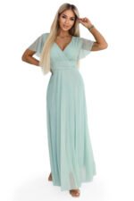 635-8 MELANIA Long Shimmering Dress with Neckline and Short Sleeve - Pistachio-11