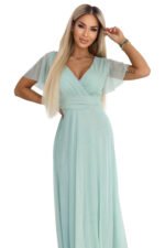635-8 MELANIA Long Shimmering Dress with Neckline and Short Sleeve - Pistachio-9