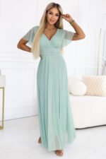 635-8 MELANIA Long Shimmering Dress with Neckline and Short Sleeve - Pistachio-2