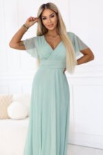 635-8 MELANIA Long Shimmering Dress with Neckline and Short Sleeve - Pistachio-5