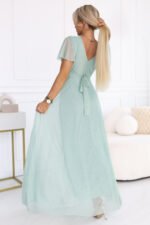 635-8 MELANIA Long Shimmering Dress with Neckline and Short Sleeve - Pistachio-4