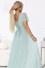 635-8 MELANIA Long Shimmering Dress with Neckline and Short Sleeve - Pistachio-6