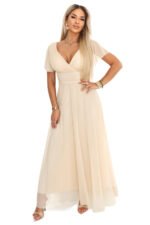 635-9 MELANIA Long Shimmering Wedding Dress with Neckline and Short Sleeve - Beige-12