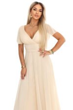 635-9 MELANIA Long Shimmering Wedding Dress with Neckline and Short Sleeve - Beige-10
