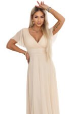 635-9 MELANIA Long Shimmering Wedding Dress with Neckline and Short Sleeve - Beige-11