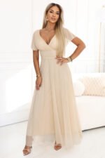 635-9 MELANIA Long Shimmering Wedding Dress with Neckline and Short Sleeve - Beige-2