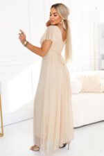 635-9 MELANIA Long Shimmering Wedding Dress with Neckline and Short Sleeve - Beige-4