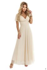 635-9 MELANIA Long Shimmering Wedding Dress with Neckline and Short Sleeve - Beige-9