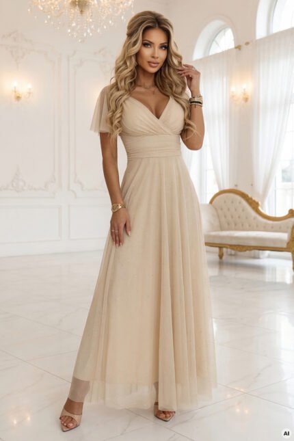 635-9 MELANIA Long Shimmering Wedding Dress with Neckline and Short Sleeve - Beige-1