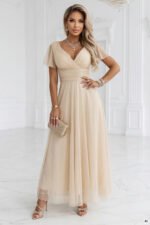 635-9 MELANIA Long Shimmering Wedding Dress with Neckline and Short Sleeve - Beige-8