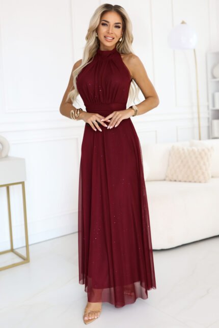 636-1 VERONICA luxurious long dress with a brocade accent and a chic shape - burgundy-1