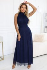 636-2 VERONICA luxurious long dress with a brocade accent and a chic cut - navy blue-1