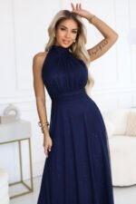636-2 VERONICA luxurious long dress with a brocade accent and a chic cut - navy blue-2