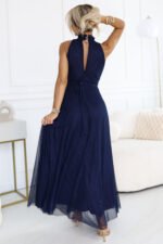636-2 VERONICA luxurious long dress with a brocade accent and a chic cut - navy blue-3