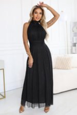 636-3 VERONICA luxurious long dress with a brocade accent and a chic cut - black-1