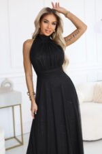 636-3 VERONICA luxurious long dress with a brocade accent and a chic cut - black-3