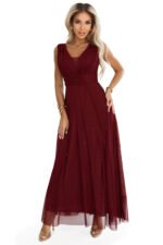637-1 Long evening dress with a brocade accent and a deep neckline - burgundy-7