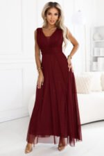637-1 Long evening dress with a brocade accent and a deep neckline - burgundy-1