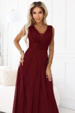 637-1 Long evening dress with a brocade accent and a deep neckline - burgundy-4