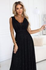 637-2 Long evening dress with a glitter accent and a deep neckline - black-2