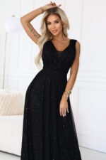637-2 Long evening dress with a glitter accent and a deep neckline - black-4