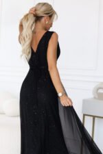 637-2 Long evening dress with a glitter accent and a deep neckline - black-5