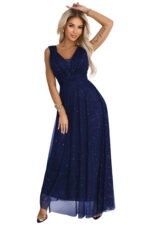 637-3 Long evening dress with a brocade accent and a deep neckline - navy blue-7