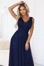 637-3 Long evening dress with a brocade accent and a deep neckline - navy blue-4
