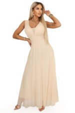 637-4 Long Maxi Dress with Glitter Shimmer and Deep Neckline - Champagne Beige-11