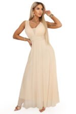 637-4 Long Maxi Dress with Glitter Shimmer and Deep Neckline - Champagne Beige-11