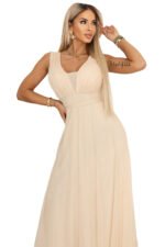 637-4 Long Maxi Dress with Glitter Shimmer and Deep Neckline - Champagne Beige-13