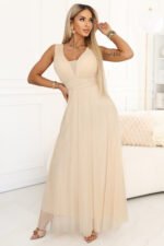 637-4 Long Maxi Dress with Glitter Shimmer and Deep Neckline - Champagne Beige-6