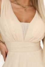 637-4 Long Maxi Dress with Glitter Shimmer and Deep Neckline - Champagne Beige-9