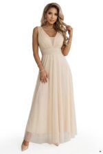 637-4 Long Maxi Dress with Glitter Shimmer and Deep Neckline - Champagne Beige-10