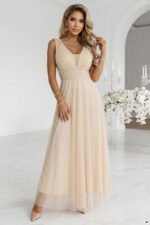 637-4 Long Maxi Dress with Glitter Shimmer and Deep Neckline - Champagne Beige-1
