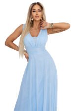 637-6 Long Evening Dress with Glitter Accent and Deep Neckline - Sky Blue-11