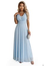 637-6 Long Evening Dress with Glitter Accent and Deep Neckline - Sky Blue-9