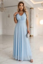 637-6 Long Evening Dress with Glitter Accent and Deep Neckline - Sky Blue-1