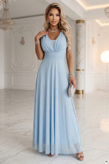 637-6 Long Evening Dress with Glitter Accent and Deep Neckline - Sky Blue-1