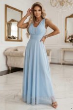 637-6 Long Evening Dress with Glitter Accent and Deep Neckline - Sky Blue-6
