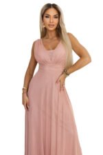 637-7 Long Maxi Dress with Glitter Accent and Deep Neckline - Powder Pink-10