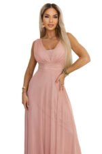 637-7 Long Maxi Dress with Glitter Accent and Deep Neckline - Powder Pink-10