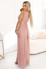 637-7 Long Maxi Dress with Glitter Accent and Deep Neckline - Powder Pink-3