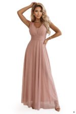 637-7 Long Maxi Dress with Glitter Accent and Deep Neckline - Powder Pink-8