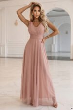 637-7 Long Maxi Dress with Glitter Accent and Deep Neckline - Powder Pink-1